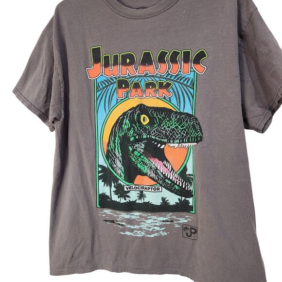 Jurassic Park Velociraptor Dinosaur T-Shirt Short Sleeve Crew Neck Gray Medium - Picture 3 of 5